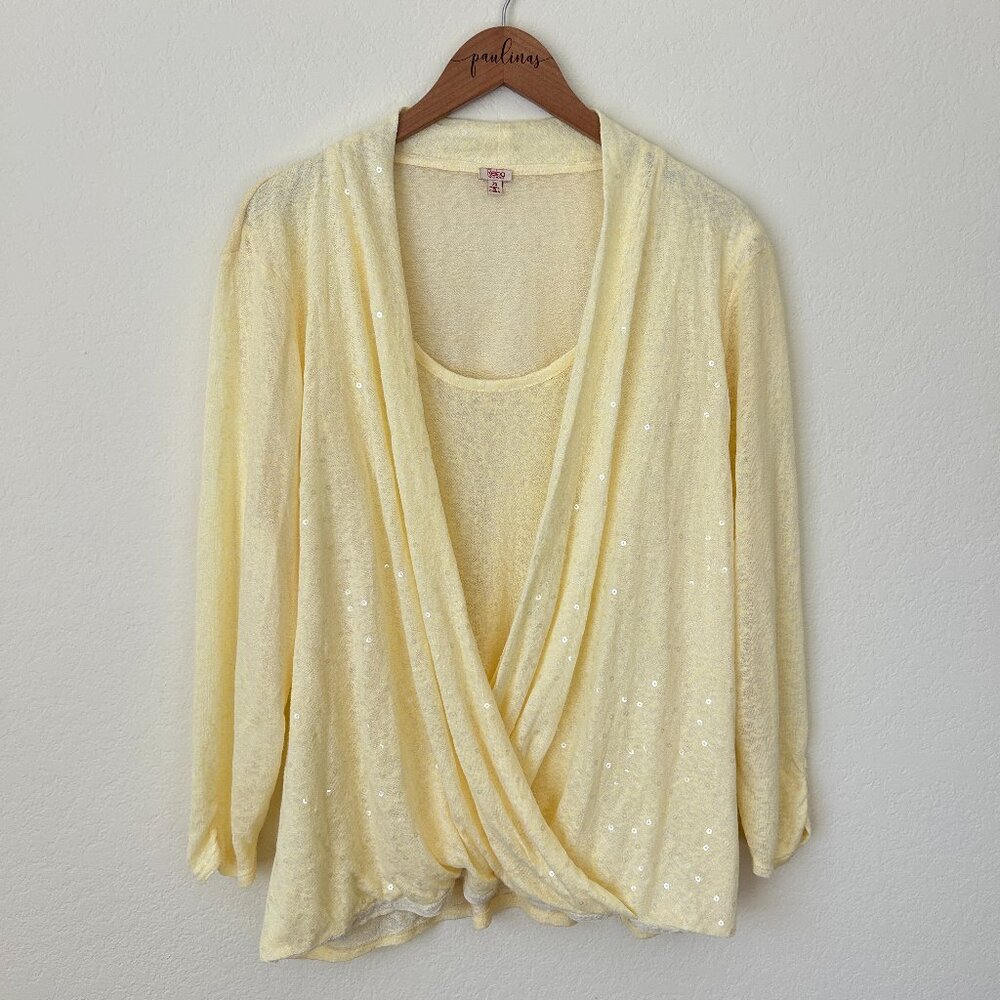Reba Top Womens 2X Plus Pale Yellow Sequin Long Sleeve Layered Blouse
